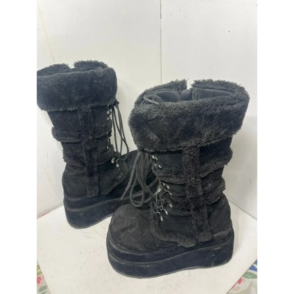 Demonia Bear-202 Black Faux Suede Fur Trim Platform Wedge Boots Womens 10